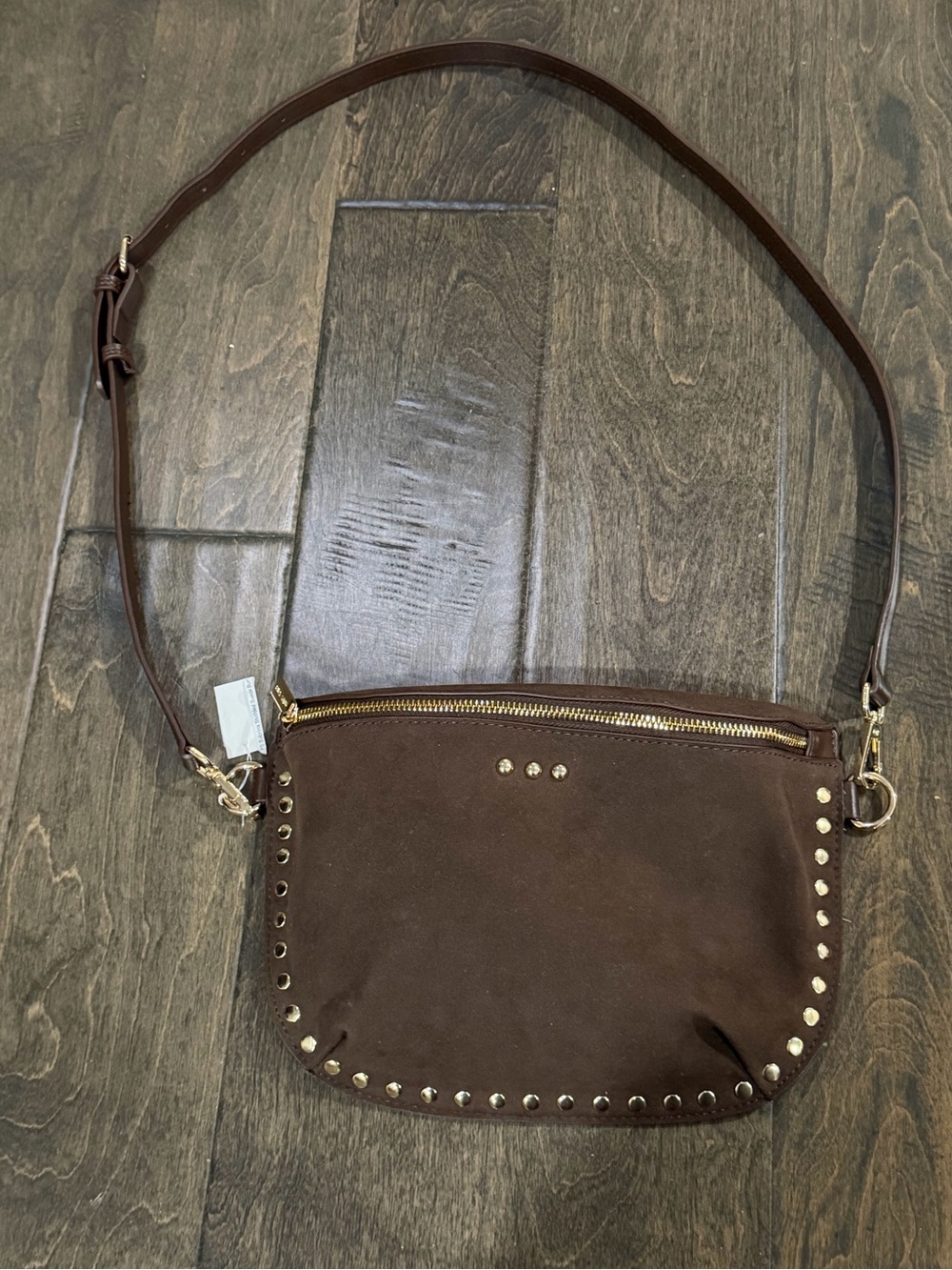 Dark Brown Suede Crossbody Bag with Gold Stud Accents